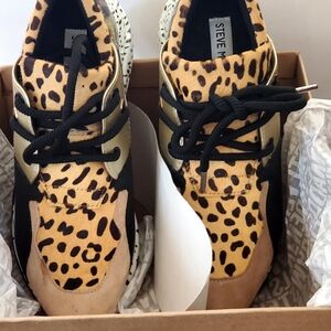 NEW Steve Madden CIiff Animal Real Fur Print Sneakers 7.5M Blk & Tan Orig 89.